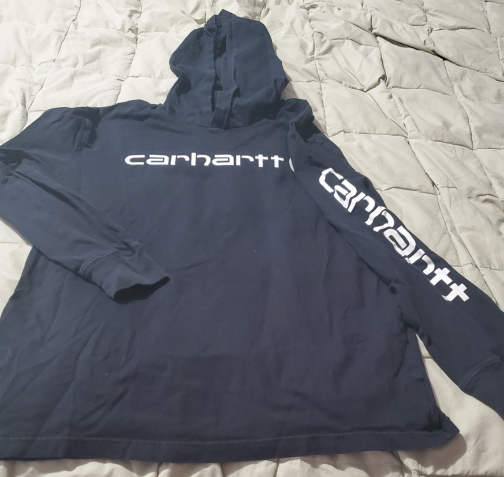 Carhartt Youth LG 14-16 Black Hooded Long Sleeve Logo T-Shirt Hoodie Cotton